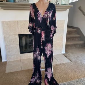 Vix Black and Pink Feather Print Jumpsuit